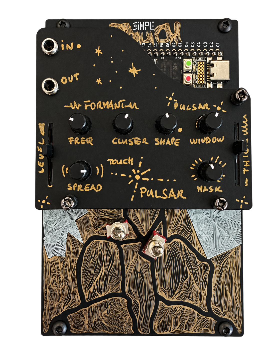 The handmade TouchPulsar synthesizer: black and gold faceplate, six knobs, two faders, and an illustrated touch surface.